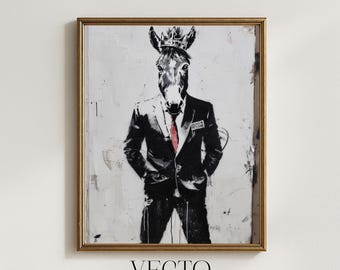 Arte mural de Banksy, descarga instantánea: cabeza de burro en retrato de hombre de negocios, impresión política de Banksy, decoración urbana vanguardista, arte callejero imprimible 232
