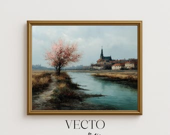 Paisaje vintage con ribera y flores rosas: pintura de paisaje primaveral sereno, arte rural pastoral, arte mural de ambiente apacible, impresión digital imprimible 4