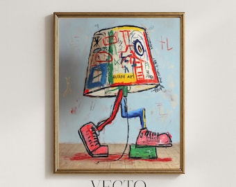 Arte mural de Basquiat: ilustración de lámpara urbana peculiar, pintura colorida de técnica mixta, arte pop moderno y divertido, descarga instantánea para imprimir 215