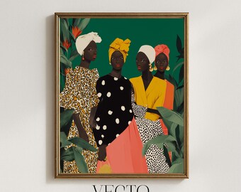 Arte mural afrocéntrico, mujeres con estampados llamativos imprimibles, estilo tropical moderno, decoración llamativa y colorida, descarga digital de moda 257