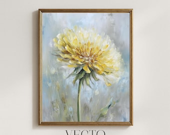 Arte mural de diente de león imprimible: pintura floral vintage suave estilo cottagecore, decoración botánica acogedora, flor amarilla impresionista, digital 288