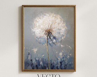 Impresión de diente de león para pared - Impresión neutral en estilo cottagecore, pintura botánica serena, decoración rústica de granja, descarga digital 284