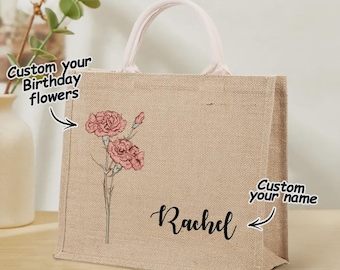 Personalized Birth Flower Tote Bag Custom Name Tote Bag Beach Bag Bridesmaid Gift Shopping Bag