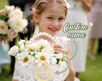 Personalized Flower Girl Basket Boho Wedding Basket Rattan Pearl Basket Rustic Ceremony Decor