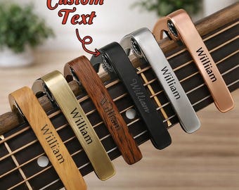 Personalized Metal Guitar Capo Engraved with Name - Custom Gift for Dad - Capo with Wood Grain