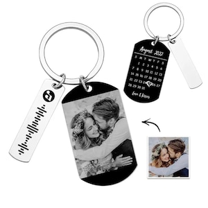 Op de afbeelding: Zilveren sleutelhangers met gepersonaliseerde fotohangers. Eén sleutelhanger heeft een foto van een stel, een andere toont een kalender voor augustus 2022 met een hart op de 24e, en de derde heeft een muziekcode. De woorden "Love & Kisses" staan ook op de kalender.