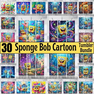 Könnte beinhalten: Eine digitale Sammlung von 30 zylindrischen Trinkbechern mit farbenfrohen, lebendigen Illustrationen von SpongeBob Schwammkopf und verschiedenen Charakteren aus der Zeichentrickserie in diversen Unterwasser- und Fantasiewelten mit leuchtenden Farben.