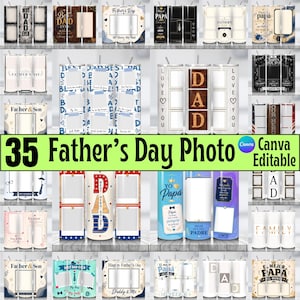 May include: A collection of thirty-five cylindrical tumblers featuring various Father's Day designs, including photo frames, text like Best Dad Ever, and graphic elements such as ties, hearts, and wood textures, presented as editable digital templates.
