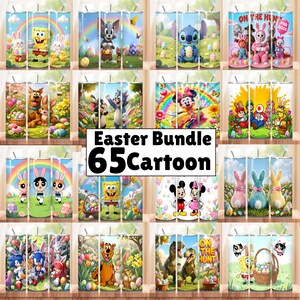 Pode incluir: Uma coleção de canecas isoladas de 590 ml com vários personagens de desenhos animados e designs temáticos de Páscoa. As canecas apresentam personagens como Bob Esponja, Stitch e Mickey Mouse, com cores vibrantes e motivos de feriado. O texto "Easter Bundle 65 Cartoon" é exibido.