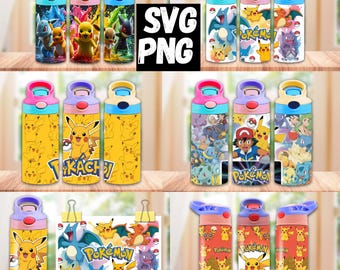 ポケモン シッピーカップ タンブラー PNG SVG、12オンス ストレート タンブラー昇華プリント、子供用漫画タンブラーラップ、12オンス キッズ フリップトップ ラップ、シッピーカップ