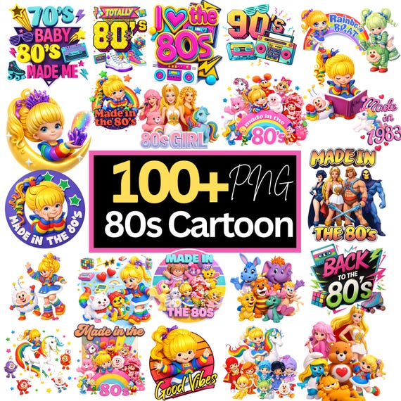80s Cartoon Clipart PNG Bundle | Retro Kids, Rainbows (Instant Download)