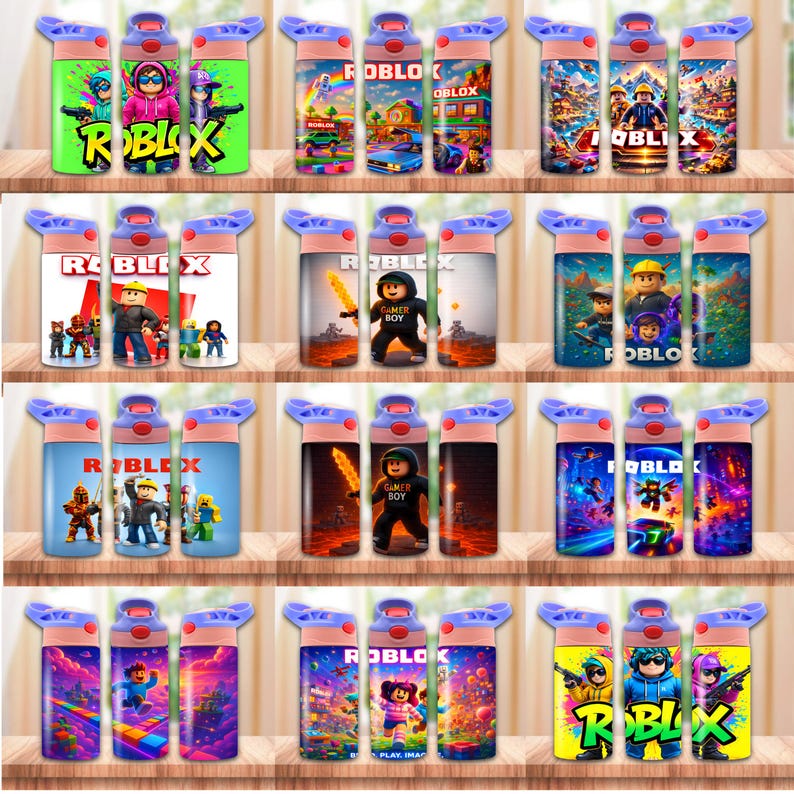 Puede incluir: Colecci&oacute;n de botellas de agua aisladas con varios dise&ntilde;os tem&aacute;ticos de Roblox. Las botellas presentan gr&aacute;ficos coloridos de personajes, logotipos y escenas de juegos. Cada botella tiene una tapa azul y una base rosa, ideal para ni&ntilde;os.