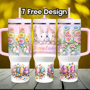 May include: Three white and pink insulated tumblers with Easter-themed designs. Each tumbler features a pink handle and lid, with colorful illustrations of bunnies, flowers, and decorated Easter eggs. The text "7 Free Design" is at the top.