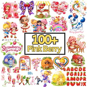 May include: A collection of colorful, vintage-style illustrations featuring characters and elements from the 1980s. The images include Strawberry Shortcake, Rainbow Brite, and other cute characters, with the text "100+ Pink Berry" in the center.
