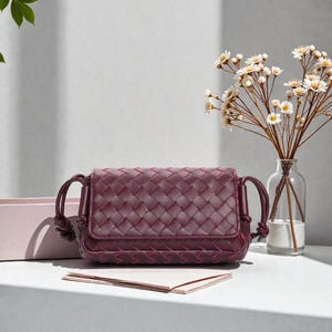 Puede incluir: Bolso bandolera de cuero burdeos con dise&ntilde;o tejido. El bolso tiene cierre de solapa y dos asas anudadas. Un peque&ntilde;o jarr&oacute;n de cristal con flores blancas y una caja rosa se encuentran en el fondo.