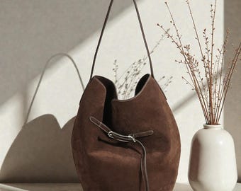 Genuine Suede Bucket Bag, Minimalist Leather Tote