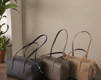 Full Grain Leather Shoulder Bag, Minimalist Cowhide Tote, Everyday Handbag