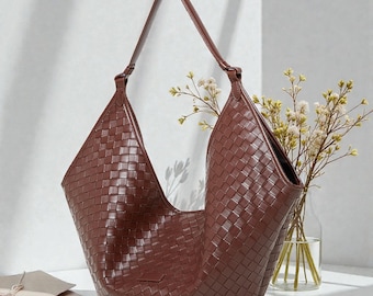 Genuine Leather Woven Underarm Bag, Large Capacity Shoulder Purse, Everyday Commuter Handbag for Women