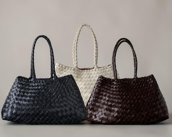 Woven Leather Shoulder Bag, Genuine Cowhide Tote, Soft Retro Handbag, Luxury Everyday Bag, Gift for Her, Mom Gift, Wife Gift