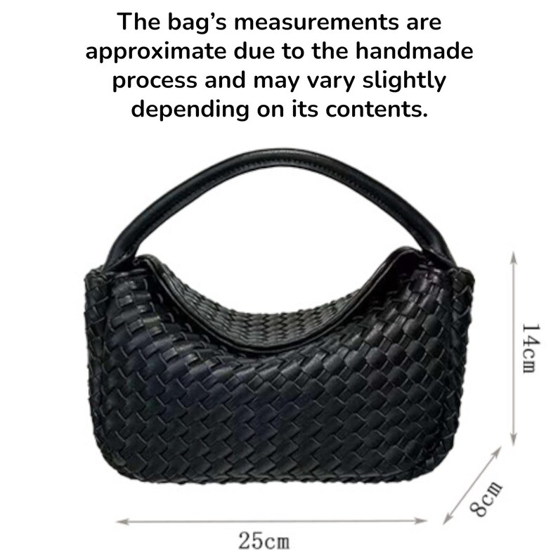 May include: Black woven handbag with a curved handle. The bag is approximately 25cm long, 14cm high, and 8cm wide. The text on the image states that the measurements are approximate due to the handmade process.