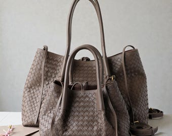 Handwoven Sheepskin Leather Tote Bag, Large Commuter Handbag