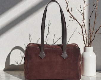 Suede Leather Shoulder Bag, Large Minimalist Slouchy Tote