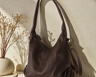 Soft Leather Hobo Tote Bag, Slouchy Crossbody Purse