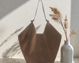 Minimalist Suede Leather Tote Bag, Lotus Design