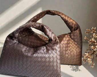 Handwoven Cowhide Leather Shoulder Bag, Minimalist Everyday Handbag