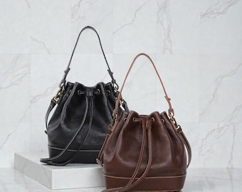 Handmade Italian Leather Bucket Bag, Elegant Tote Purse