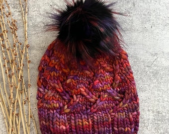Hand Knit Hat | Rust Purple Hat | Hat With Pom Pom | SW Merino | Beanie | Winter Hat | One Of A Kind