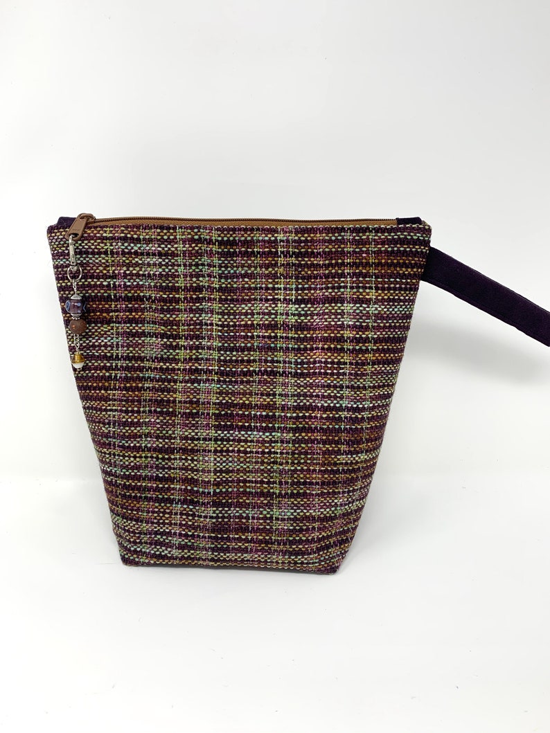 Knitter\u2019s Project Bag Handwoven Bag Aubergine Green Brown Striped Bag Crochet Project Bag Gift For Her OOAK| Unique Bag Knitting