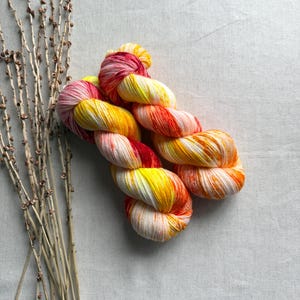 May include: Two skeins of hand-dyed yarn featuring a vibrant variegated color palette of bright yellow, warm orange, soft pink, and deep magenta. The twisted fiber strands display a blended, multi-colored appearance with a soft, textured finish.