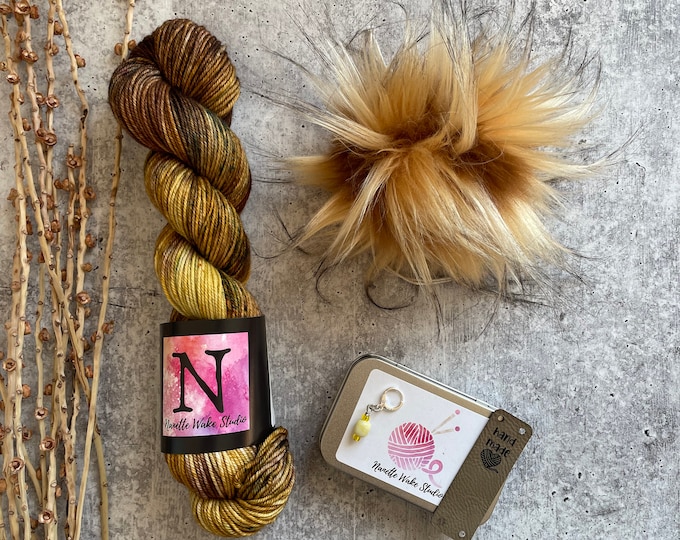 Featured listing image: Acorn | Hat Kit | 100% SW Merino | 17 Micron | Worsted Weight | Pom Pom | Stitch Marker | Leather Tag | Accessory Tin | Great Gift
