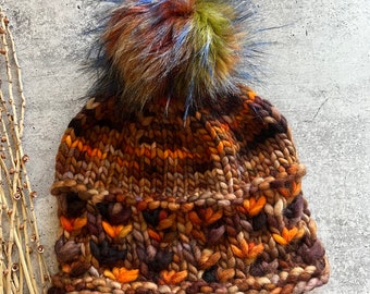 Hand Knit Hat | Brown Orange Yellow Hat | Hat With Pom Pom | SW Merino | Beanie | Winter Hat | One Of A Kind
