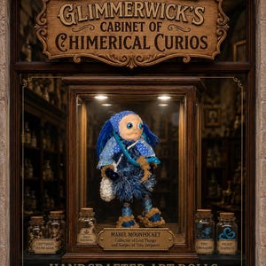 Könnte beinhalten: Eine Vitrine mit der Aufschrift Glimmerwick's Cabinet of Chimerical Curios enthält eine Puppe namens Mabel Moonpocket, Collector of Lost Things and Keeper of Tiny Serpents. Die Puppe hat blaues Haar, ein blau gemustertes Kopftuch und ein blaues Outfit.