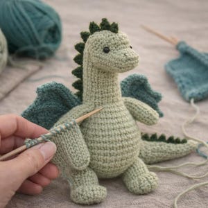 Puede incluir: Un dragón verde tejido a ganchillo con detalles en verde oscuro, alas y una espina dorsal puntiaguda. El dragón se está tejiendo con hilo verde claro y agujas de madera. Hay ovillos de hilo en tonos verdes en el fondo.