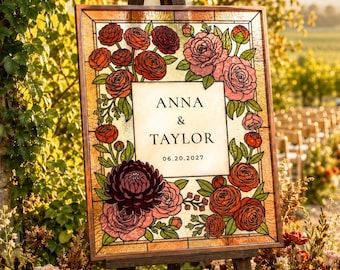 Autumn Floral Faux Stained Glass Wedding Welcome Sign Template | DIY Painting Pattern | Fall Wedding Decor Printable | Custom Names | Canva