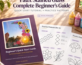 Puede incluir: Un libro guía para principiantes de falso vitral con cubierta morada, dos hojas blancas de patrones de práctica, cuatro frascos pequeños de pintura de colores, un pincel y cinta de carrocero azul para manualidades.