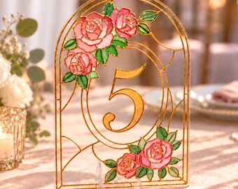 Rose Stained Glass Arch Table Numbers | Faux Stained Glass Wedding Table Number Template | Garden Wedding Canva Download