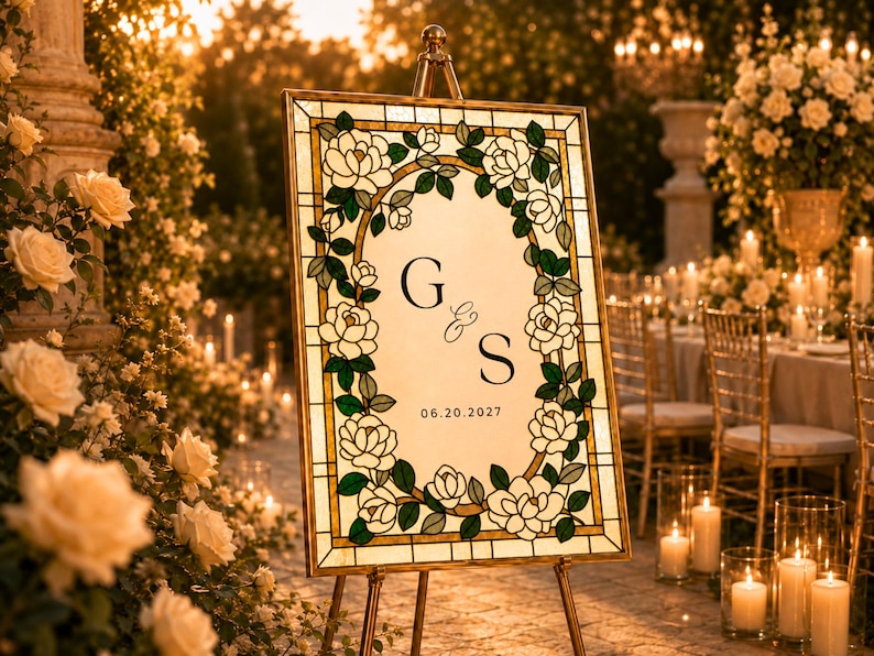 May include: A rectangular wedding sign on a metal easel featuring a stained glass-style border of white roses and green leaves. The center is white with the black serif letters G and S, an ampersand, and the date 06.20.2027 printed in black.
