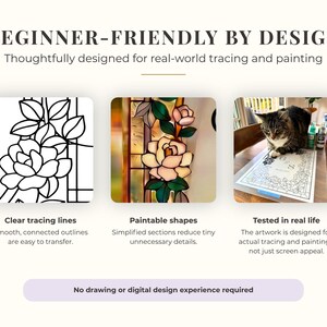 May include: An instructional graphic titled BEGINNER-FRIENDLY BY DESIGN featuring three panels. The first shows a black and white floral line drawing. The second shows a colored floral illustration. The third shows a cat on a table with a tracing sheet.