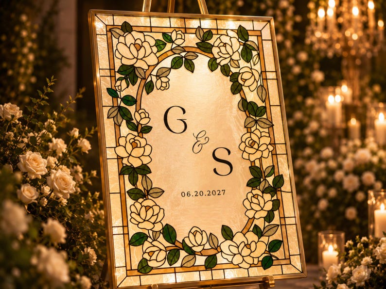 May include: A rectangular sign featuring a stained glass border with white flowers and green leaves surrounding a central panel. The panel displays the letters G & S in a serif font with the date 06.20.2027 printed in black below the letters.