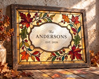 Puede incluir: Un letrero rectangular de vidrieras en un marco de madera oscura con un panel ovalado central con el texto The ANDERSONS EST. 2026. El borde muestra hojas de otoño coloridas, bellotas y bayas en tonos rojos, naranjas, verdes y amarillos.