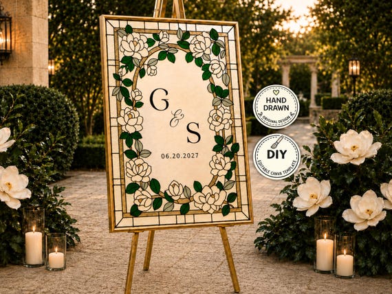 Magnolia Stained Glass Wedding Sign Template | Faux Stained Glass Painting Pattern | DIY Wedding Welcome Sign Canva | Monogram