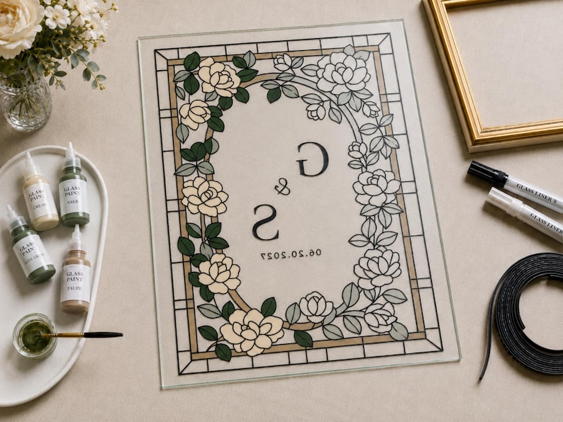 May include: A rectangular glass panel featuring a stained-glass style border of cream and green roses. The center displays the letters G and S with the date 06.20.2027. Surrounding items include glass paint bottles, a brush, and a black liner.