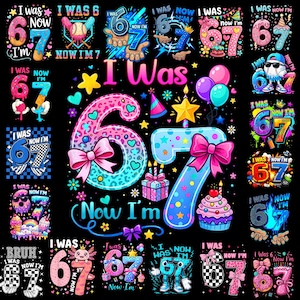 以下が含まれることがあります： テキスト「I Was 6 Now I'm 7」がデザインされたデジタル誕生日グラフィックのコレクション。黒い背景に、模様、リボン、風船、星、カップケーキ、ギフト、漫画のキャラクターで装飾されたカラフルな数字の6と7が描かれています。