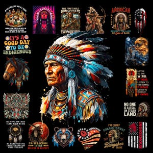 Könnte beinhalten: Eine Sammlung digitaler Grafikdesigns mit indianischen Motiven, darunter Porträts von Personen mit traditionellem Kopfschmuck, Adler, Pferde, Bären und inspirierende Textüberlagerungen auf schwarzem Hintergrund.
