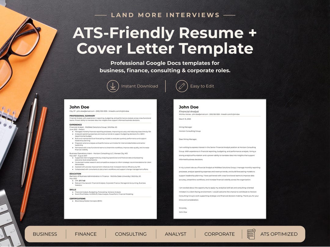 ATS Friendly Resume Cover Letter Template, Google Docs Business Finance ...