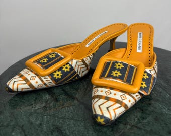 Manolo Blahnik Maysale Orange 80s Print Kitten Heels Mules Slides, EU 37